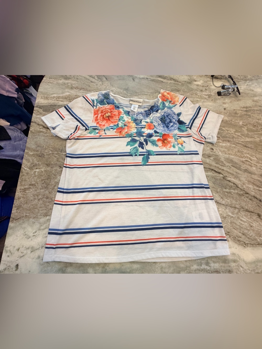 Alfred Dunner Medium Floral Lace Rhinestone Striped Short Sleeve Top